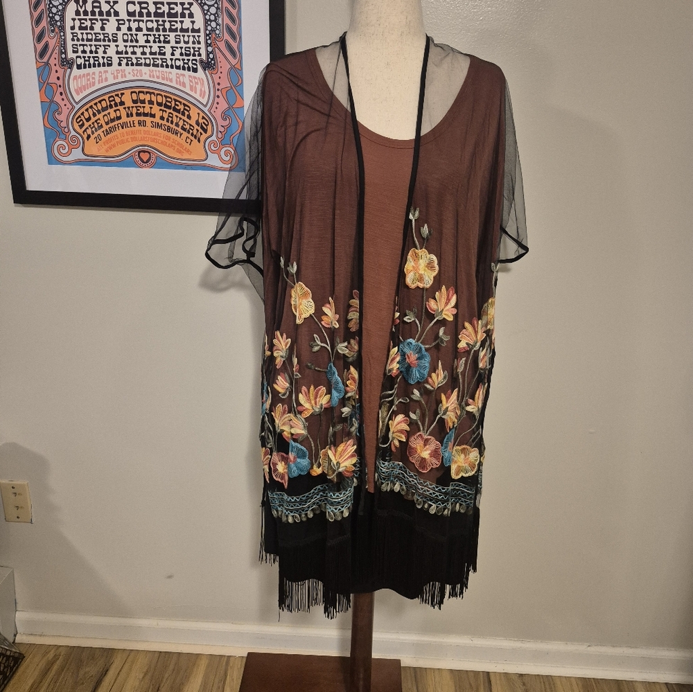 Haute Hippie Embroidered Fringe Beach Cover Up Kimono Tunic Black Floral